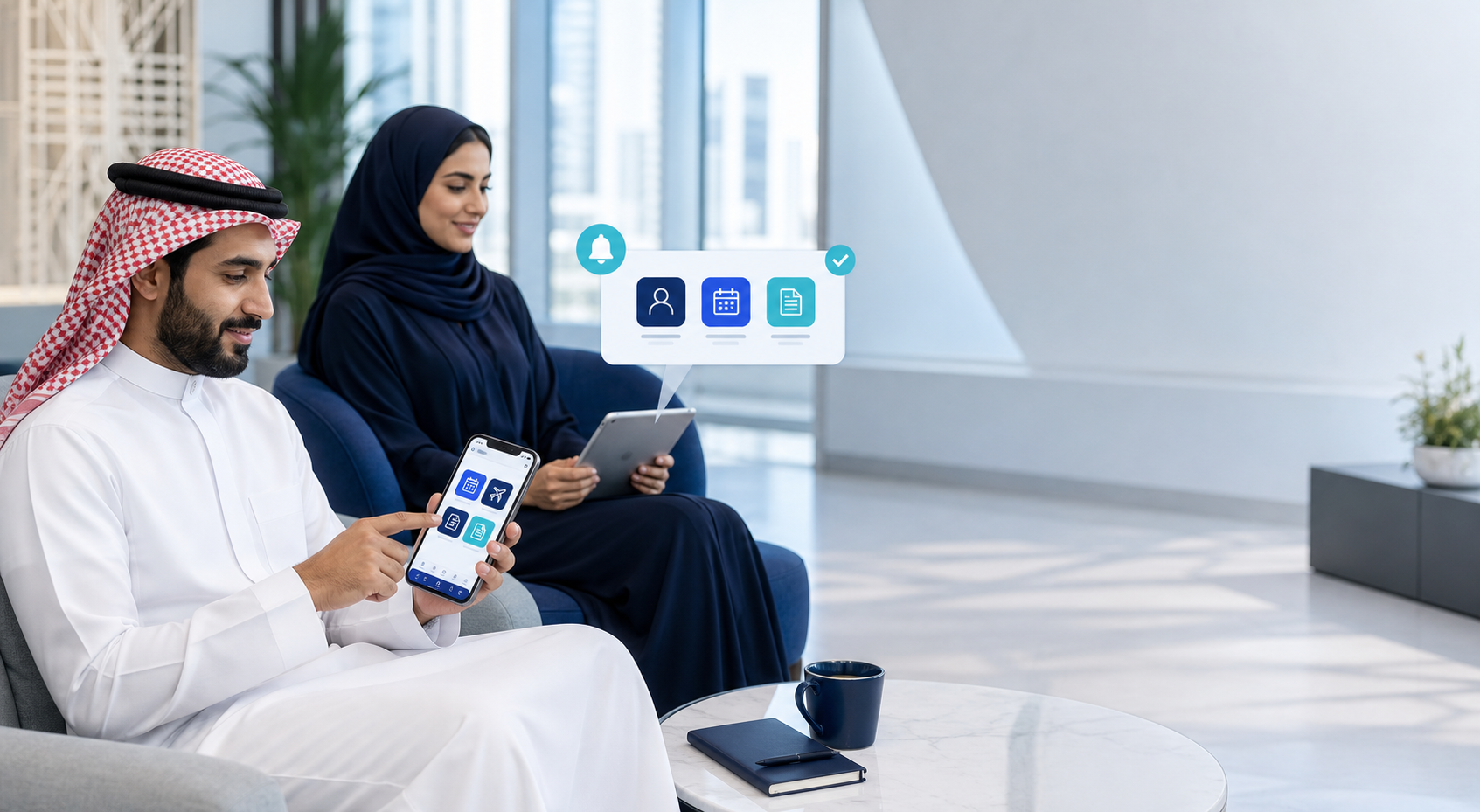 موظفة تستخدم تطبيق الخدمة الذاتية لمراجعة طلباتها وقسيمة الراتب