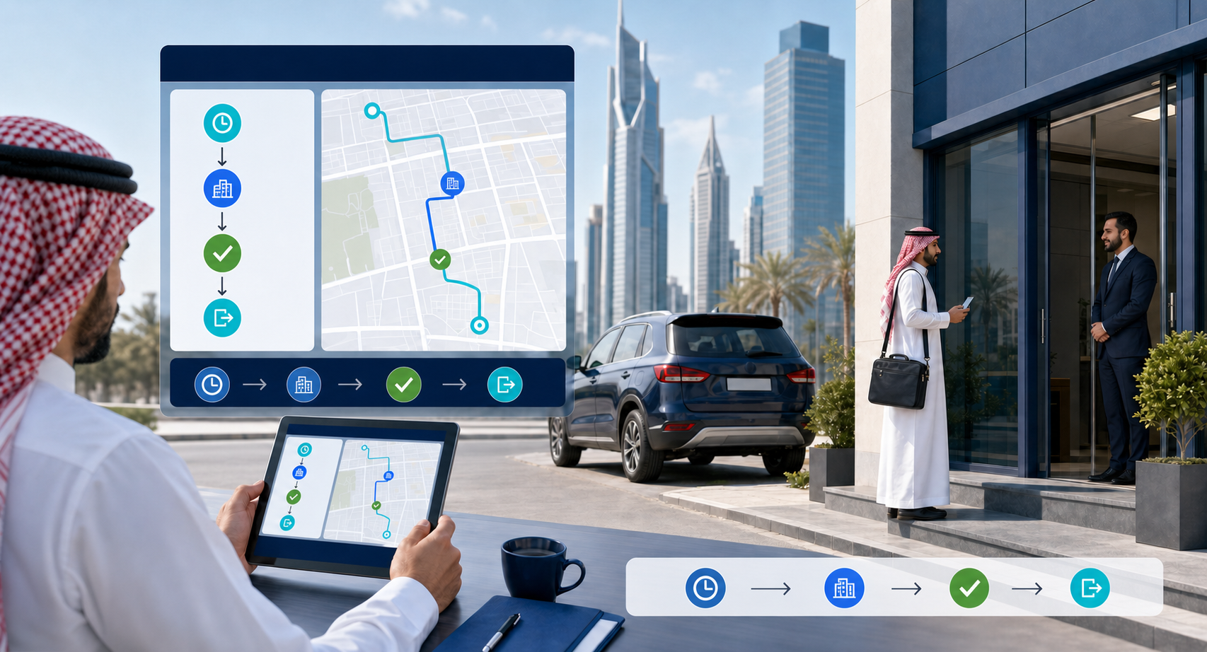 واجهة تتبع لمسار فريق ميداني ونقاط الزيارات خلال وقت الدوام